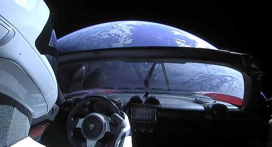 Imagination of Elon Musk Roadster car returning back to Earth
